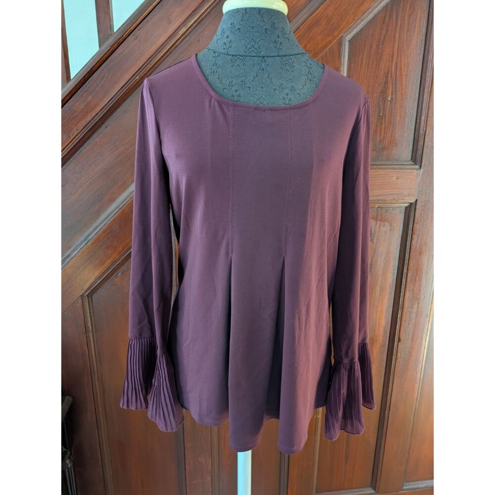 Arianna Papell Womens Burgundy Long Sleeve Blouse With Pleated Bell Cuffs New